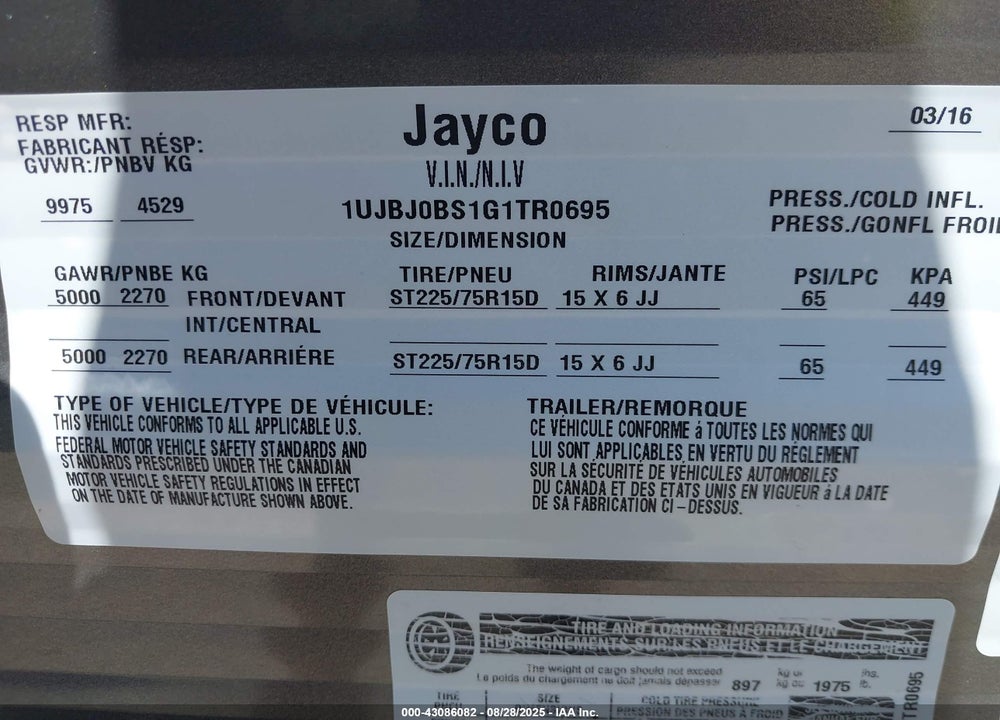 2016 JAYCO 32BHDS VIN: 1UJBJ0BS1G1TR0695