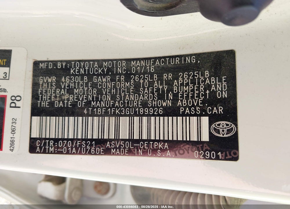 2016 TOYOTA CAMRY VIN: 4T1BF1FK3GU189926