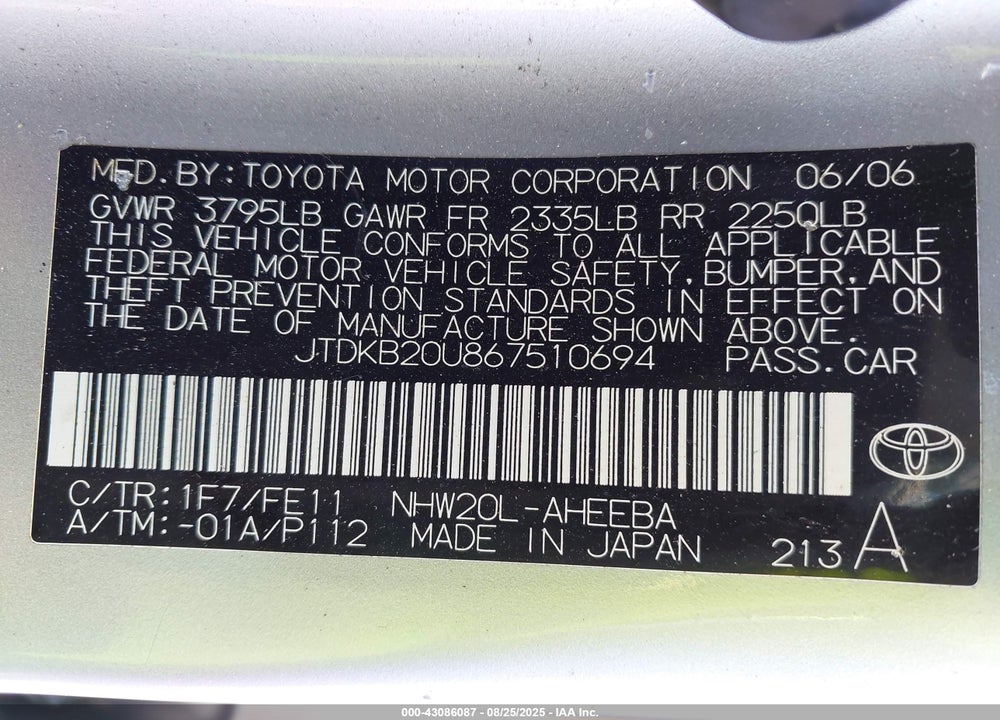 2006 TOYOTA PRIUS VIN: JTDKB20U867510694