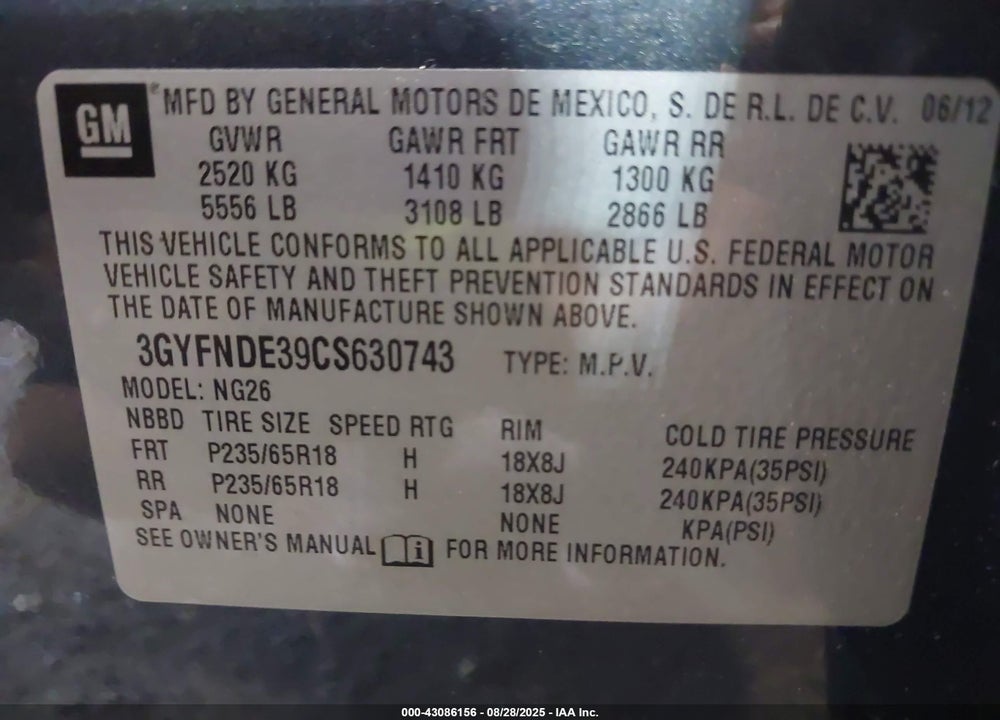 2012 CADILLAC SRX VIN: 3GYFNDE39CS630743