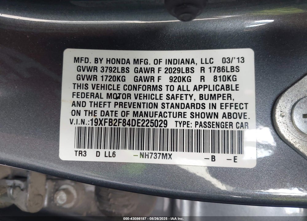 2013 HONDA CIVIC VIN: 19XFB2F84DE225029
