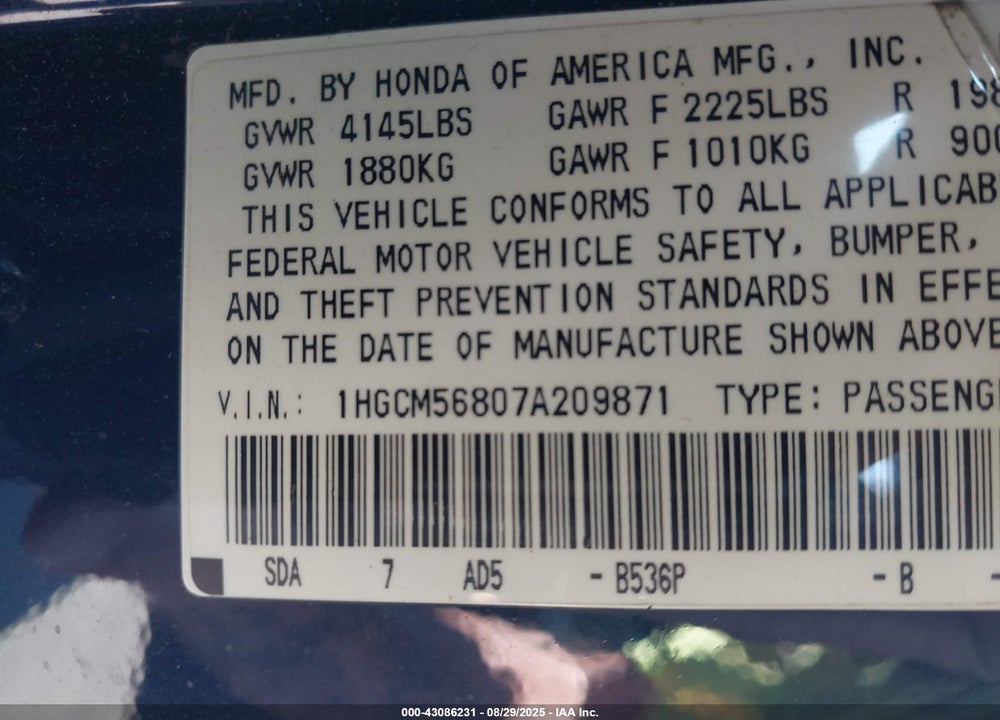 2007 HONDA ACCORD 2.4 EX VIN: 1HGCM56807A209871