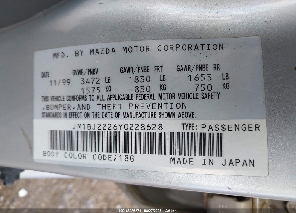 2000 MAZDA PROTEGE DX/LX VIN: JM1BJ2226Y0228628