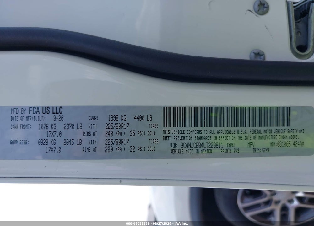 2020 JEEP COMPASS SUN AND SAFETY FWD VIN: 3C4NJCBB4LT229811