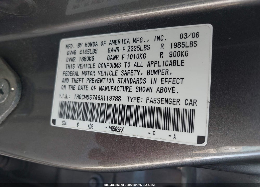 2006 HONDA ACCORD VIN: 1HGCM56746A119788