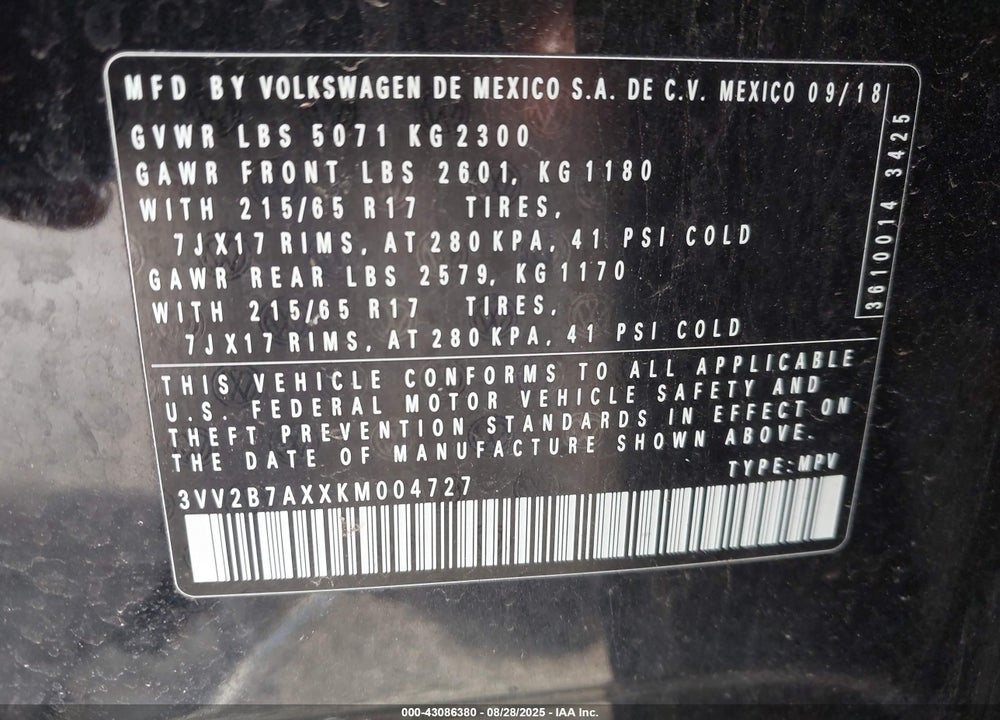 2019 VOLKSWAGEN TIGUAN VIN: 3VV2B7AXXKM004727