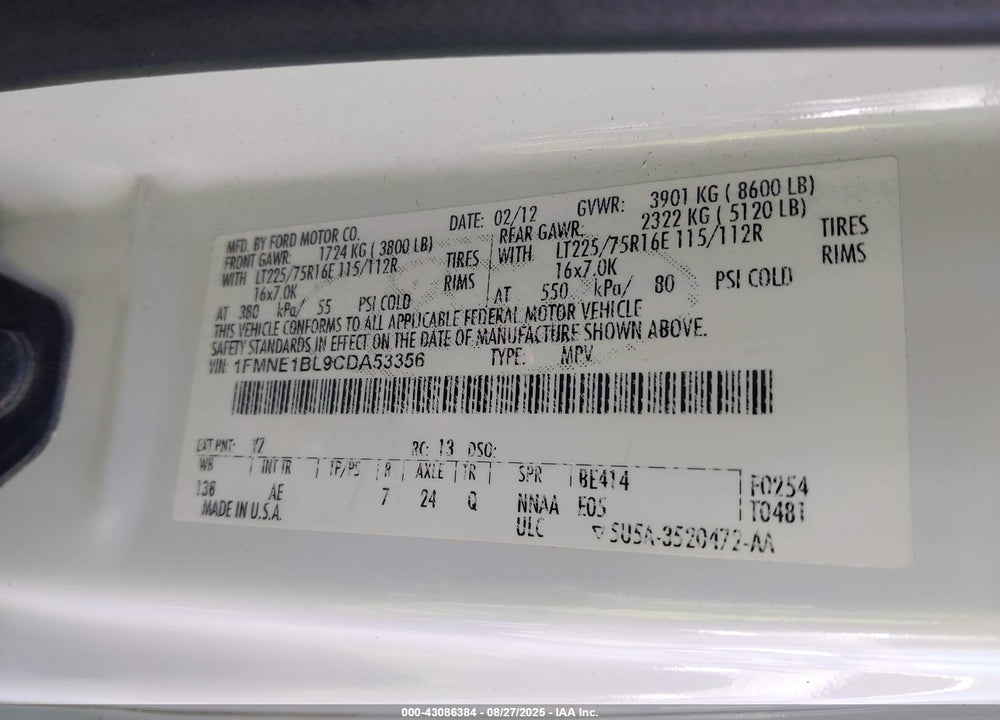 2012 FORD E-150 XL VIN: 1FMNE1BL9CDA53356