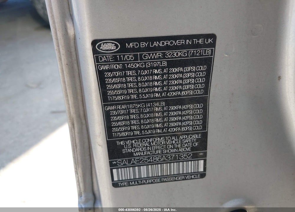 2006 LAND ROVER LR3 VIN: SALAE25486A371352