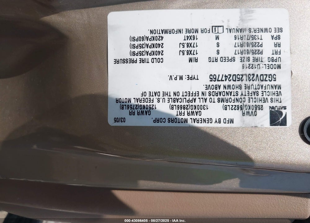 2005 SATURN RELAY FWD VIN: 5GZDV23L25D247765