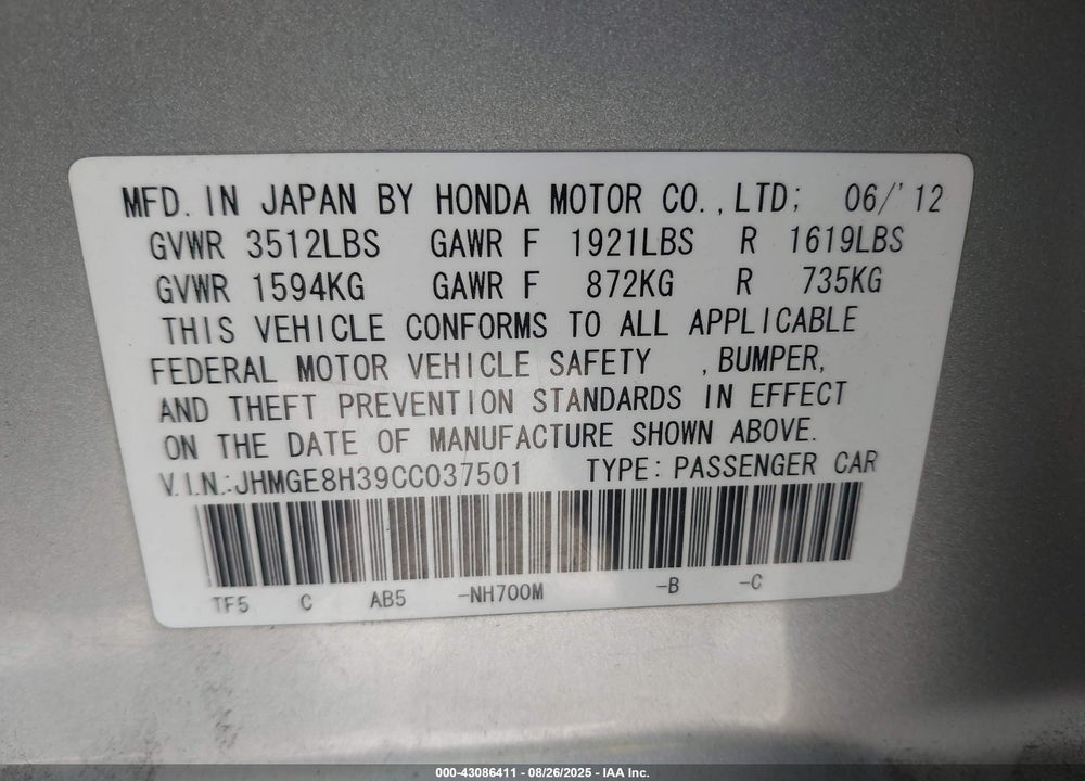 2012 HONDA FIT VIN: JHMGE8H39CC037501