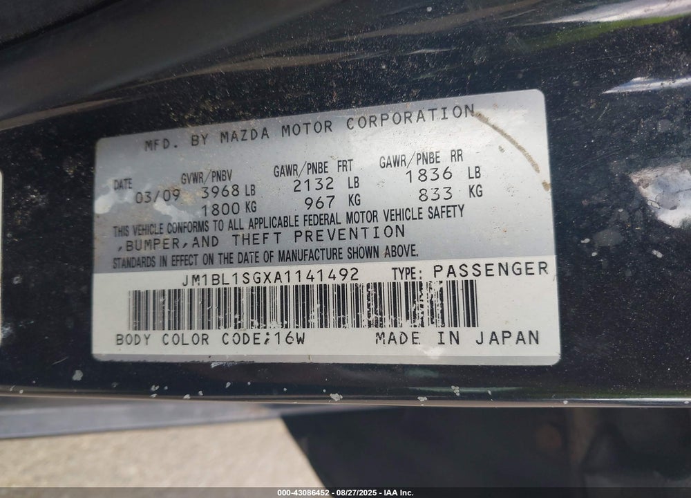 2010 MAZDA 3 VIN: JM1BL1SGXA1141492