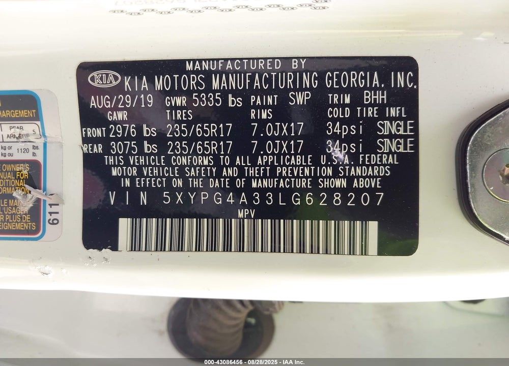 2020 KIA SORENTO VIN: 5XYPG4A33LG628207