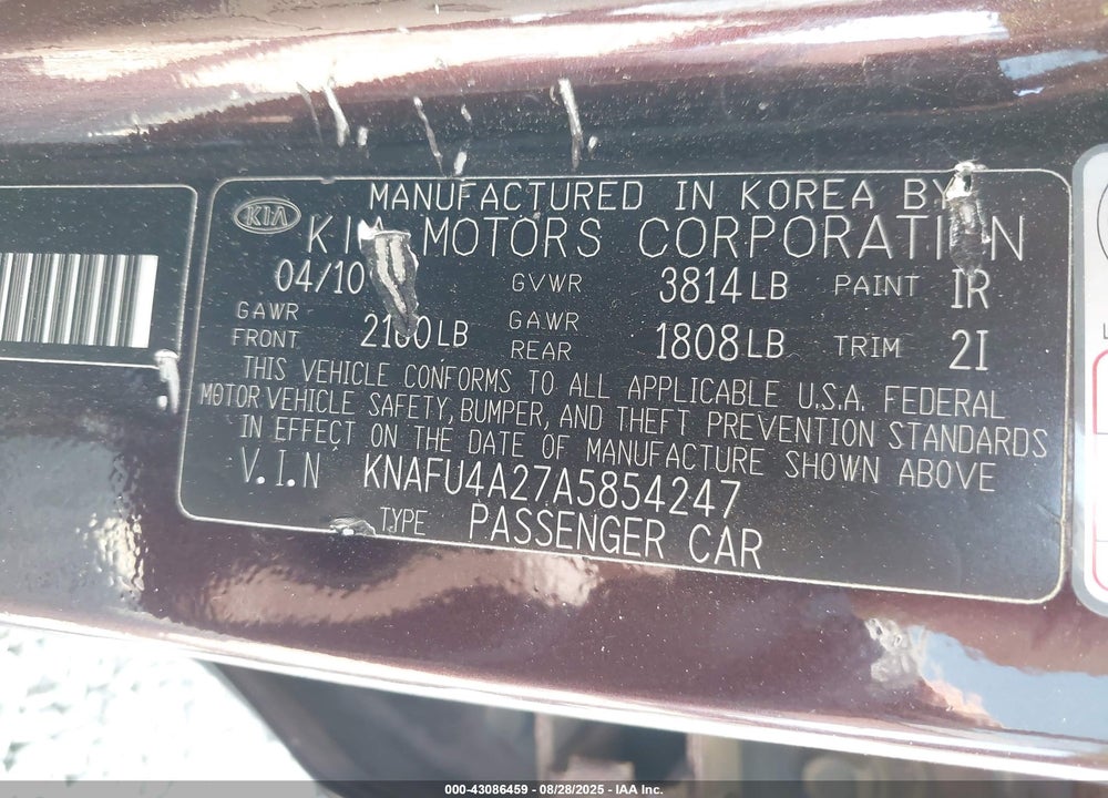 2010 KIA FORTE EX VIN: KNAFU4A27A5854247
