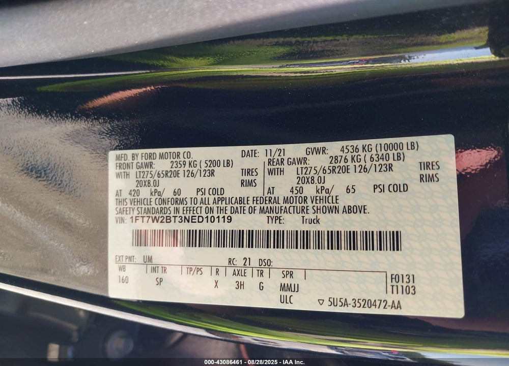 2022 FORD F-250 KING RANCH VIN: 1FT7W2BT3NED10119
