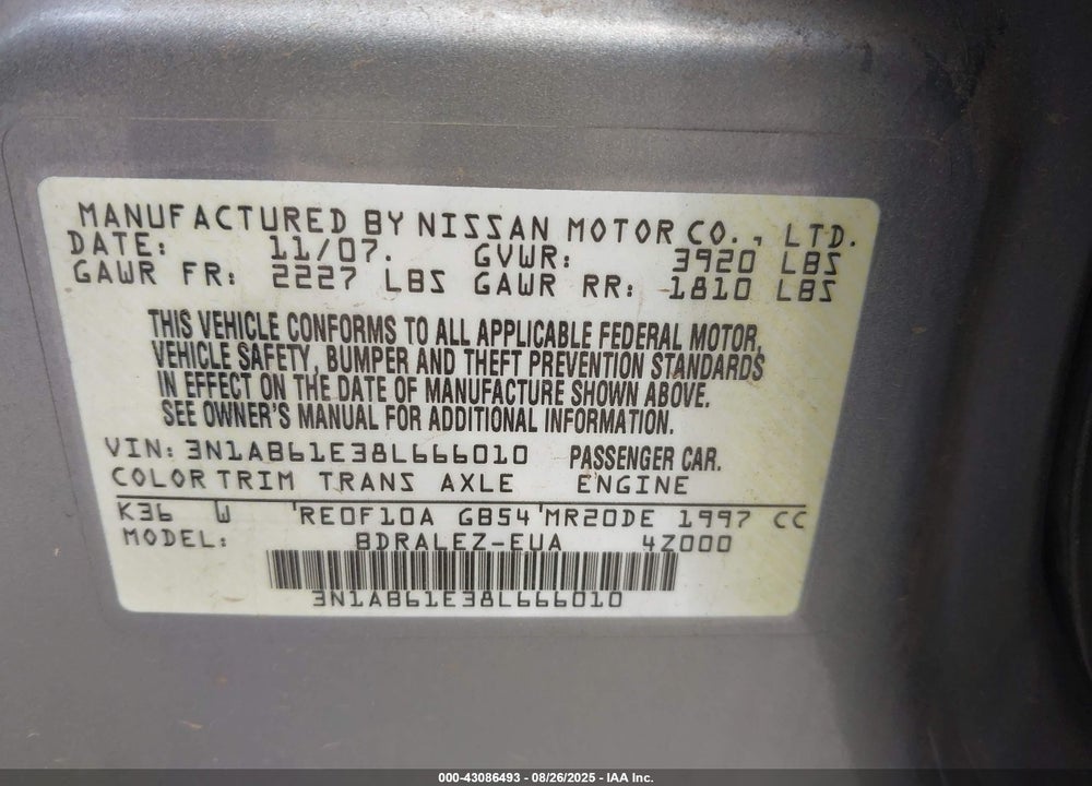 2008 NISSAN SENTRA 2.0S VIN: 3N1AB61E38L666010