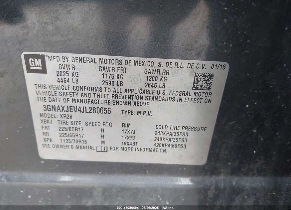 2018 CHEVROLET EQUINOX VIN: 3GNAXJEV4JL280656