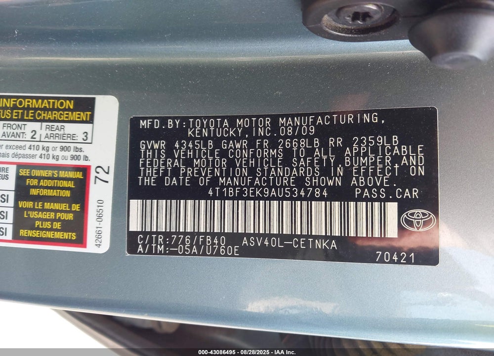 2010 TOYOTA CAMRY LE VIN: 4T1BF3EK9AU534784