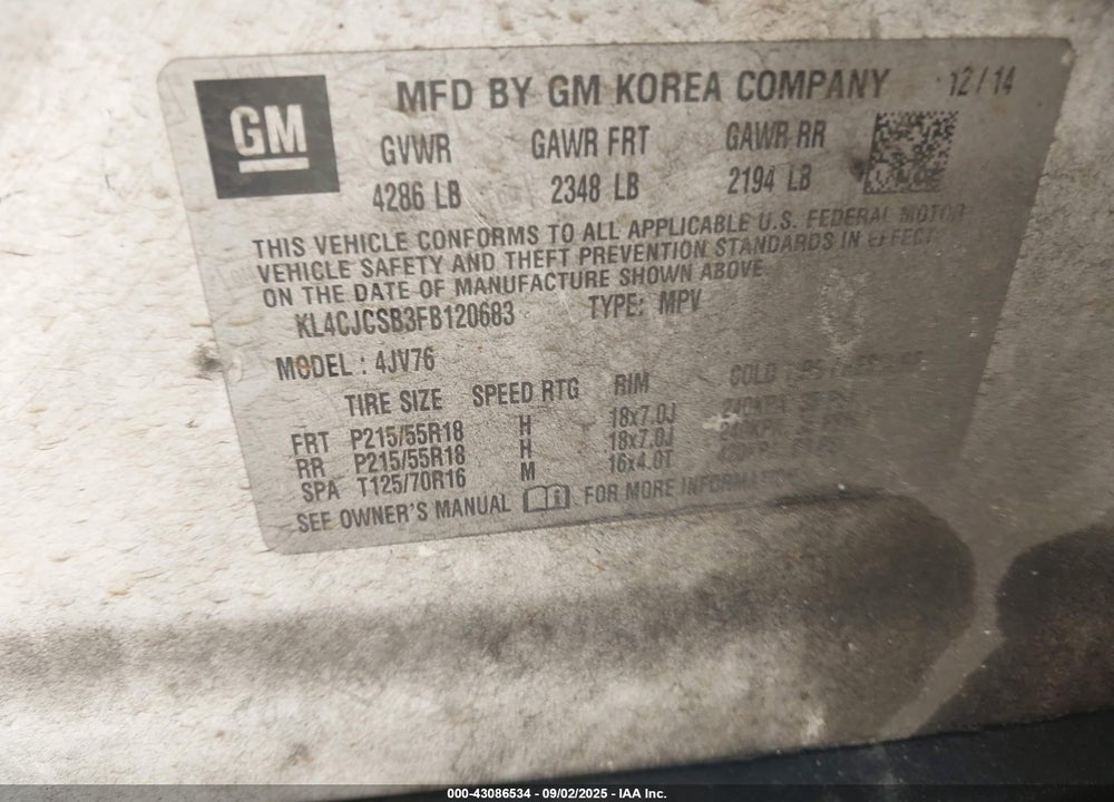 2015 BUICK ENCORE VIN: KL4CJCSB3FB120683