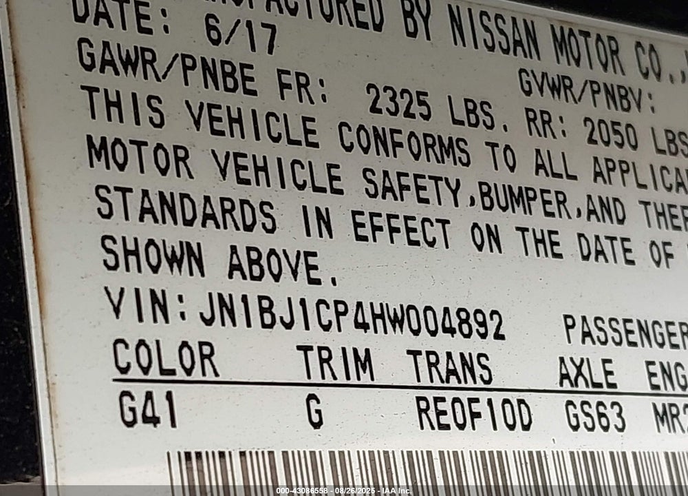 2017 NISSAN ROGUE SPORT S VIN: JN1BJ1CP4HW004892