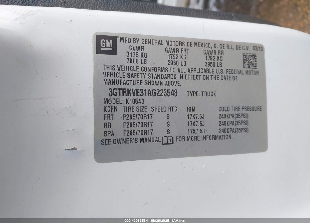 2010 GMC SIERRA 1500 VIN: 3GTRKVE31AG223548