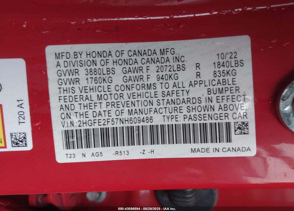 2022 HONDA CIVIC VIN: 2HGFE2F57NH609486