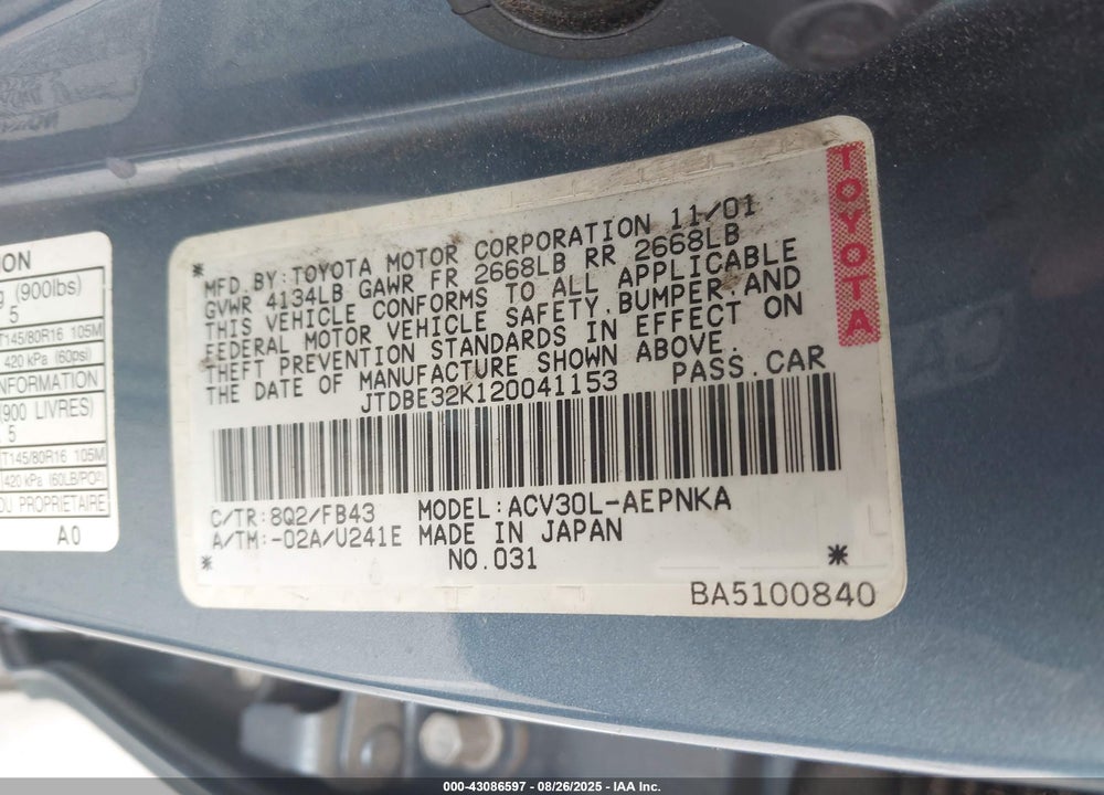 2002 TOYOTA CAMRY LE VIN: JTDBE32K120041153