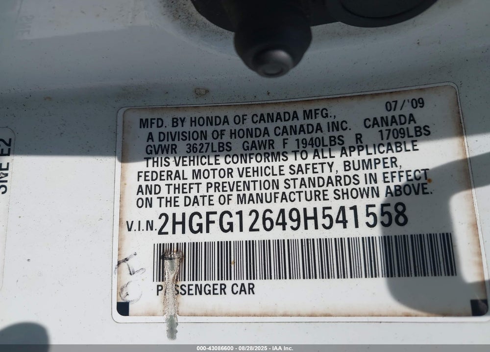 2009 HONDA CIVIC VIN: 2HGFG12649H541558