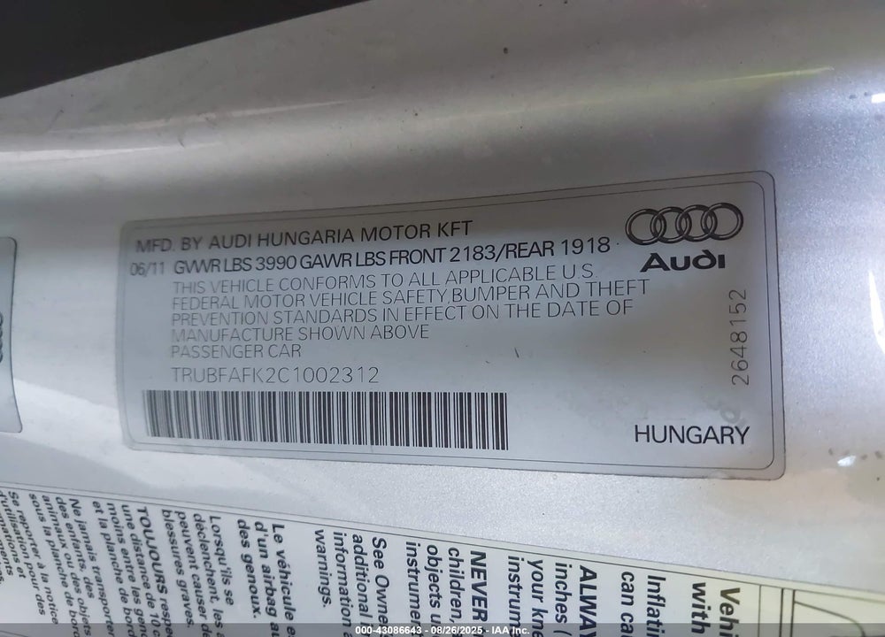 2012 AUDI TT VIN: TRUBFAFK2C1002312