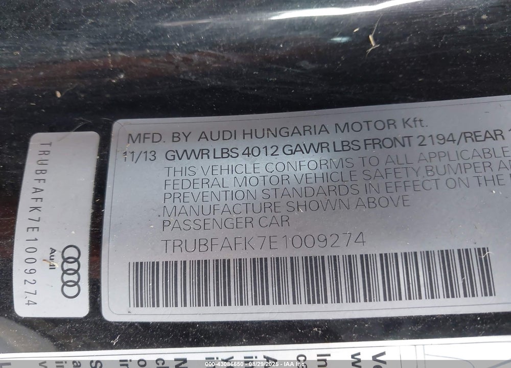 2014 AUDI TT 2.0T VIN: TRUBFAFK7E1009274