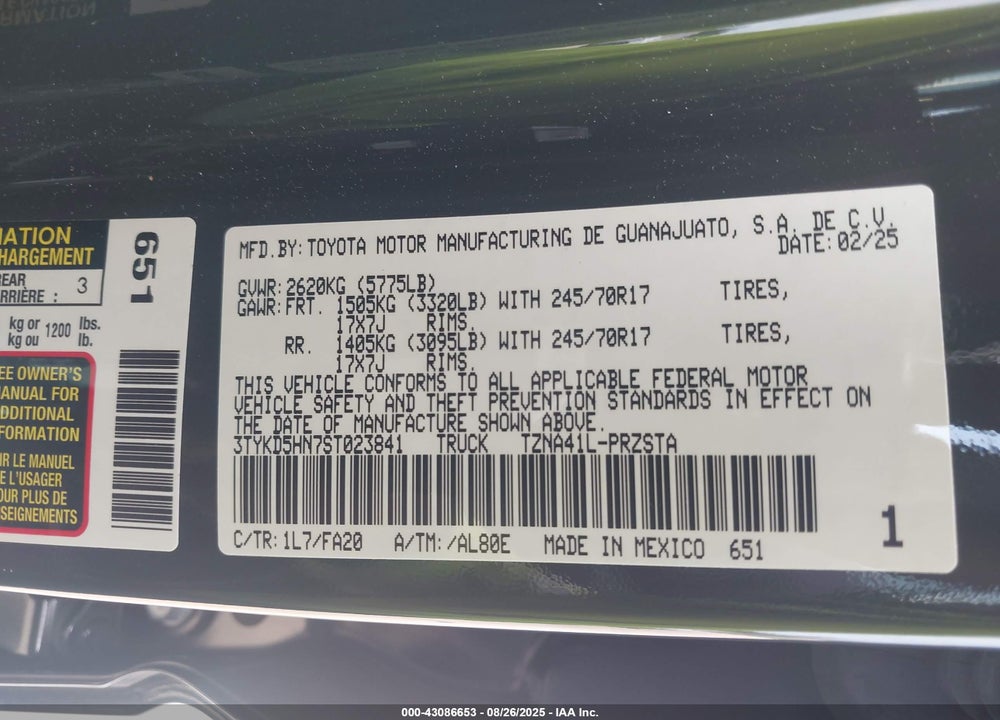 2025 TOYOTA TACOMA SR 2WD VIN: 3TYKD5HN7ST023841