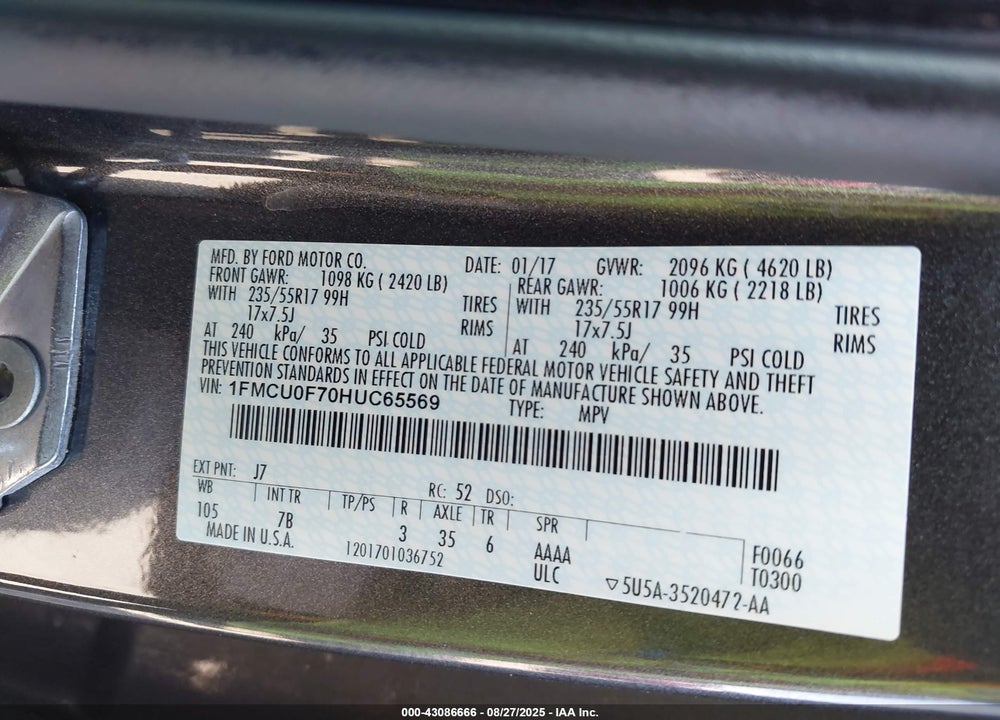 2017 FORD ESCAPE S VIN: 1FMCU0F70HUC65569