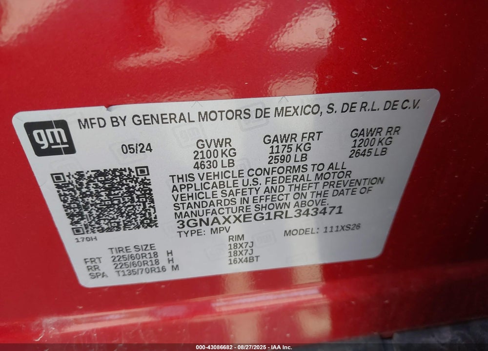 2024 CHEVROLET EQUINOX VIN: 3GNAXXEG1RL343471