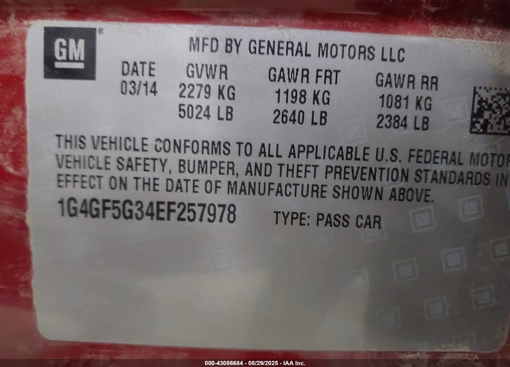 2014 BUICK LACROSSE PREMIUM II GROUP VIN: 1G4GF5G34EF257978