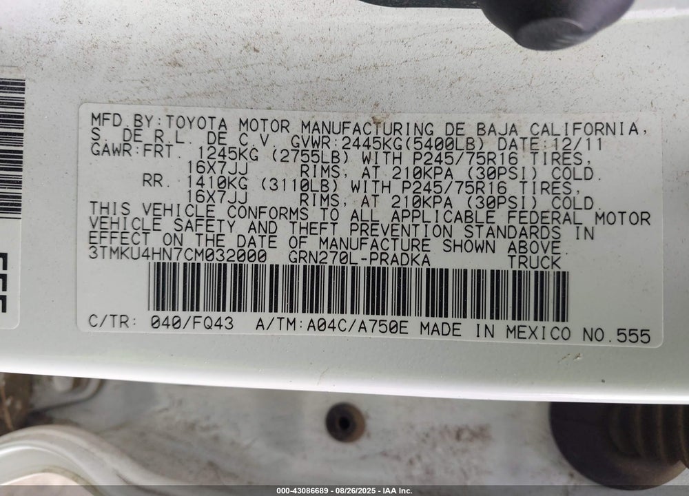 2012 TOYOTA TACOMA VIN: 3TMKU4HN7CM032000