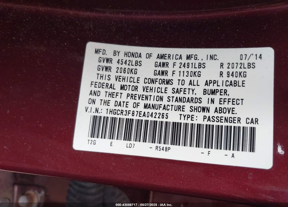 2014 HONDA ACCORD VIN: 1HGCR3F87EA042265