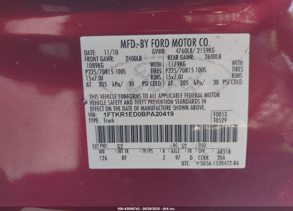 2011 FORD RANGER VIN: 1FTKR1ED0BPA20419