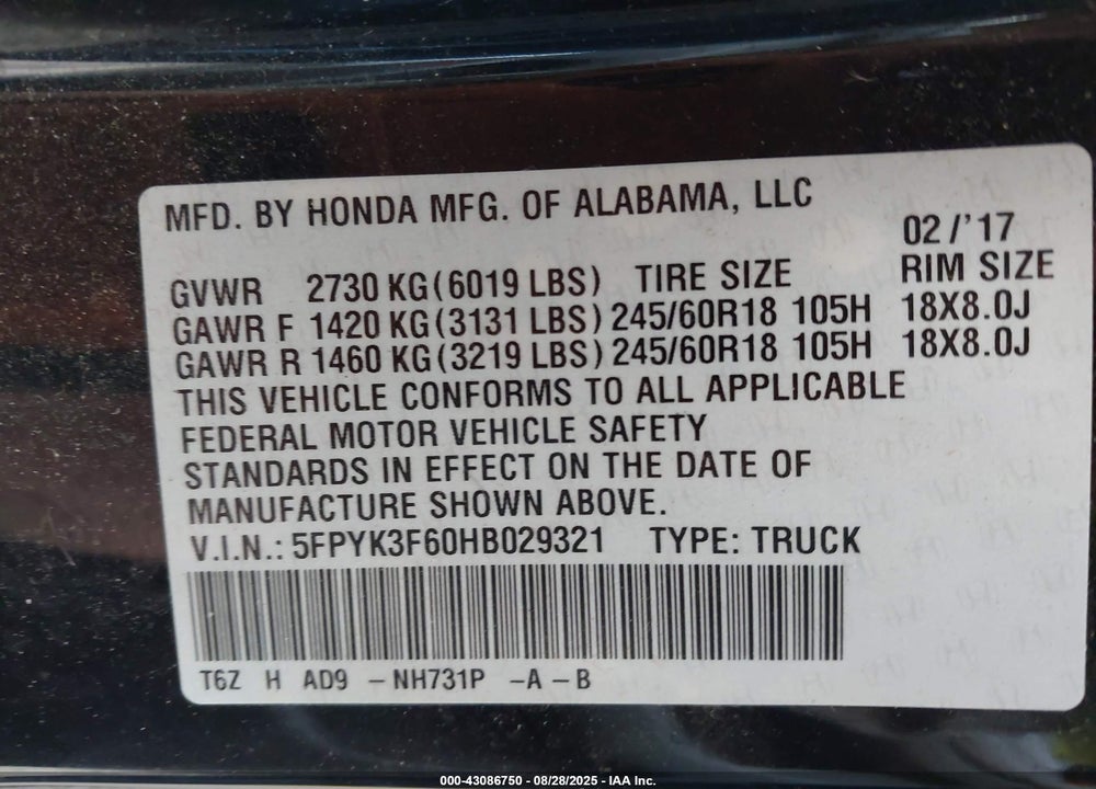2017 HONDA RIDGELINE VIN: 5FPYK3F60HB029321