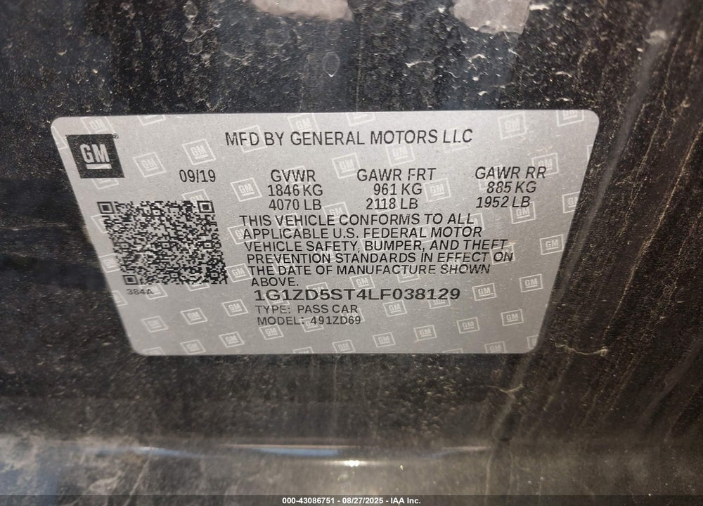 2020 CHEVROLET MALIBU VIN: 1G1ZD5ST4LF038129