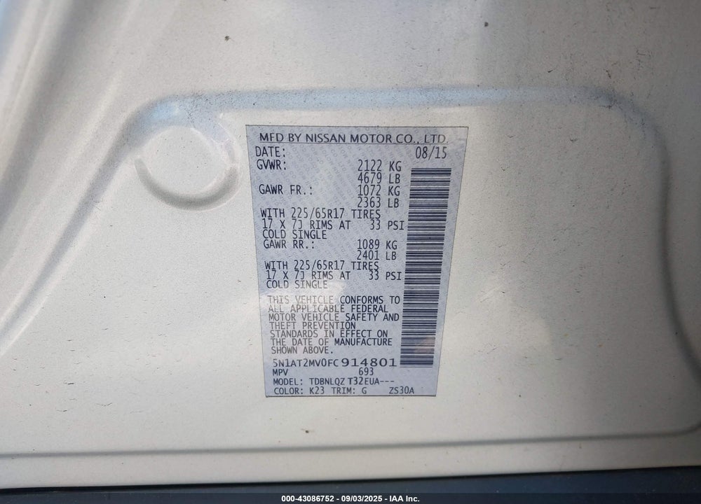 2015 NISSAN ROGUE SV VIN: 5N1AT2MV0FC914801