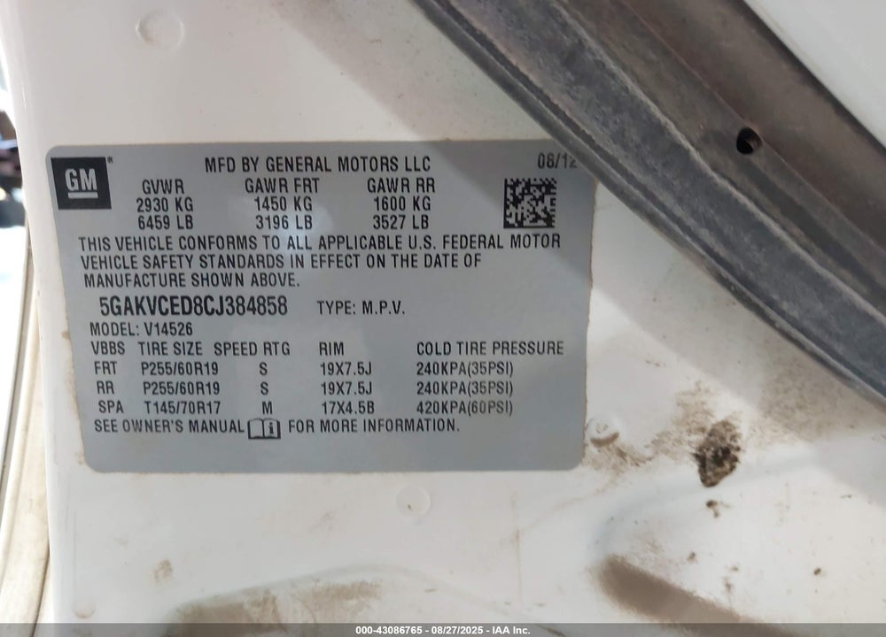 2012 BUICK ENCLAVE VIN: 5GAKVCED8CJ384858