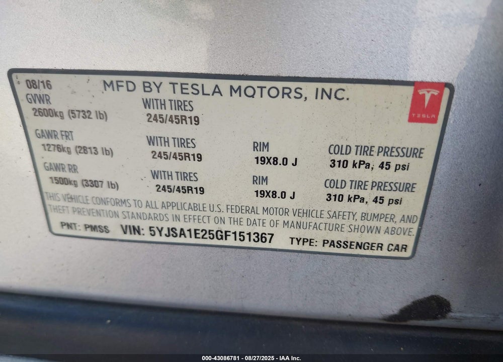 2016 TESLA MODEL S 60D/70D/75D/85D/90D VIN: 5YJSA1E25GF151367
