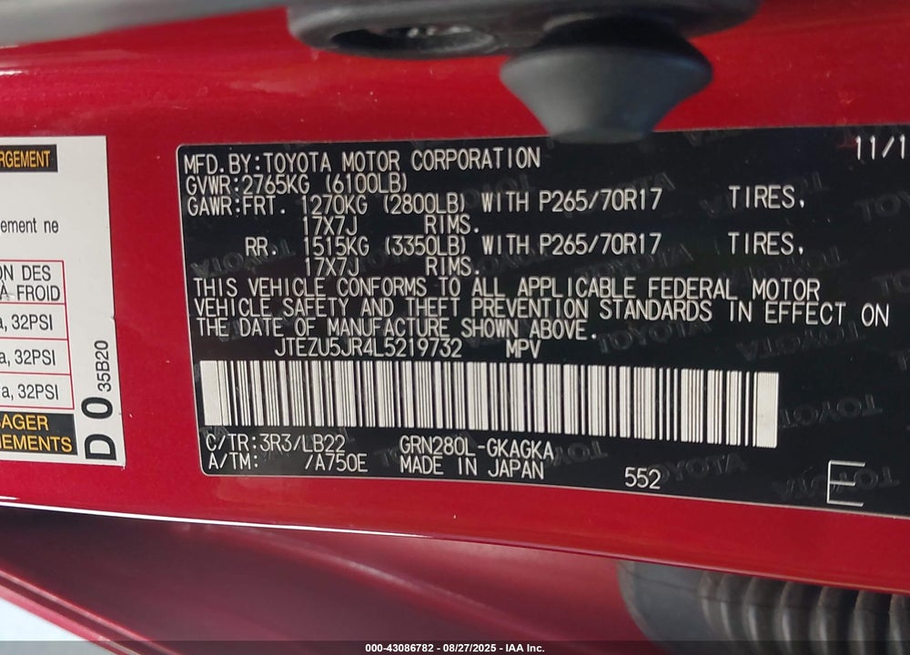 2020 TOYOTA 4RUNNER VIN: JTEZU5JR4L5219732