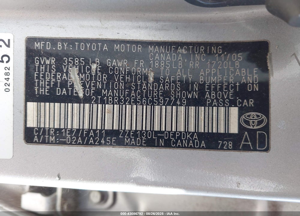 2006 TOYOTA COROLLA VIN: 2T1BR32E56C597749