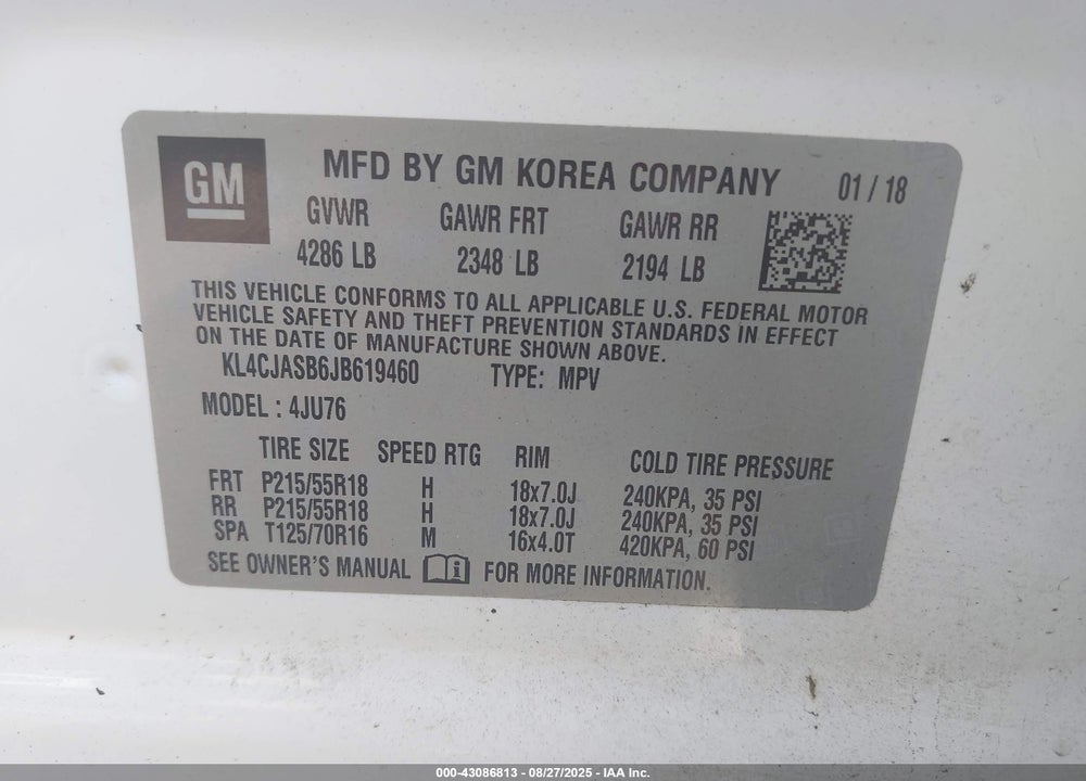 2018 BUICK ENCORE VIN: KL4CJASB6JB619460