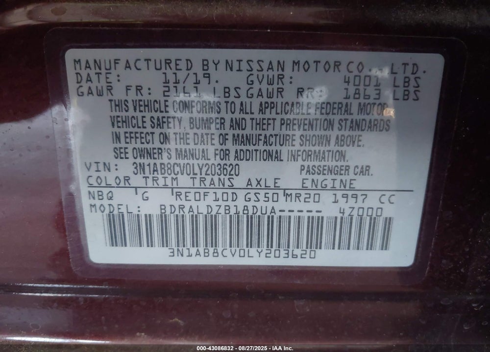 2020 NISSAN SENTRA VIN: 3N1AB8CV0LY203620