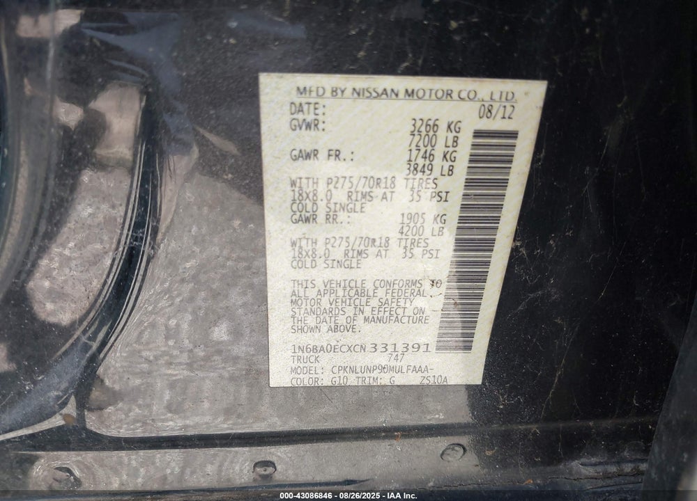 2012 NISSAN TITAN VIN: 1N6BA0ECXCN331391