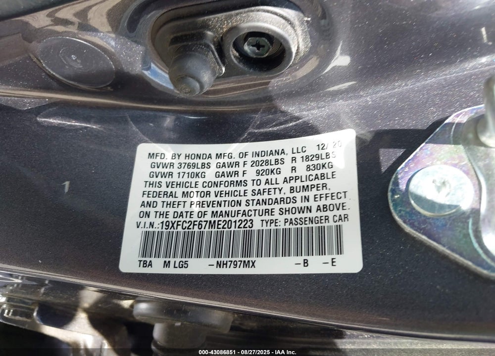2021 HONDA CIVIC VIN: 19XFC2F67ME201223