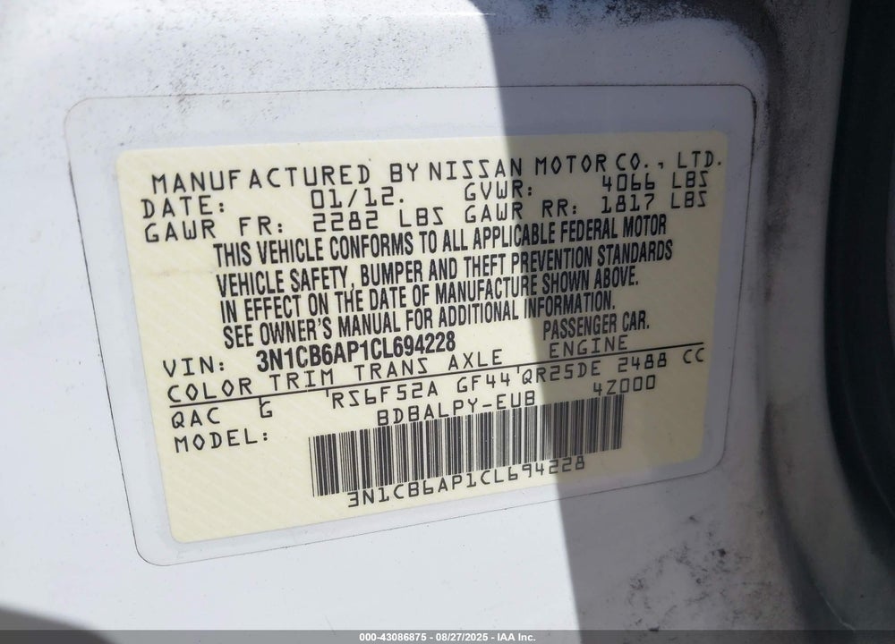 2012 NISSAN SENTRA VIN: 3N1CB6AP1CL694228