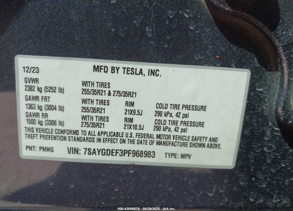 2023 TESLA MODEL Y VIN: 7SAYGDEF3PF968983