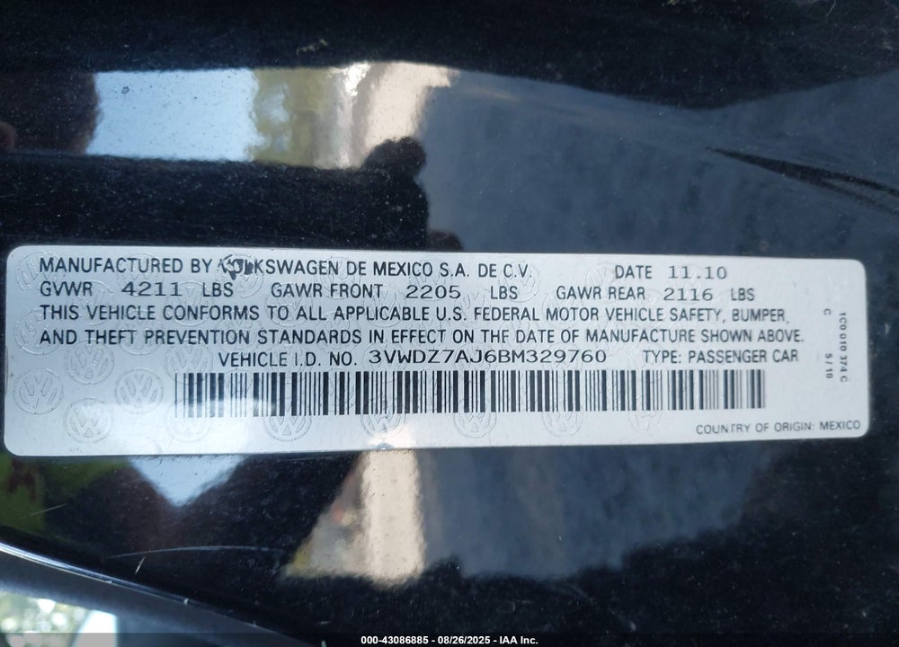 2011 VOLKSWAGEN JETTA 2.5L SE VIN: 3VWDZ7AJ6BM329760